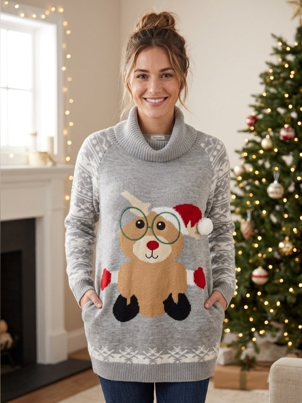Christmas Gray Reindeer Cowl Neck Sweater with Pockets | Sz L